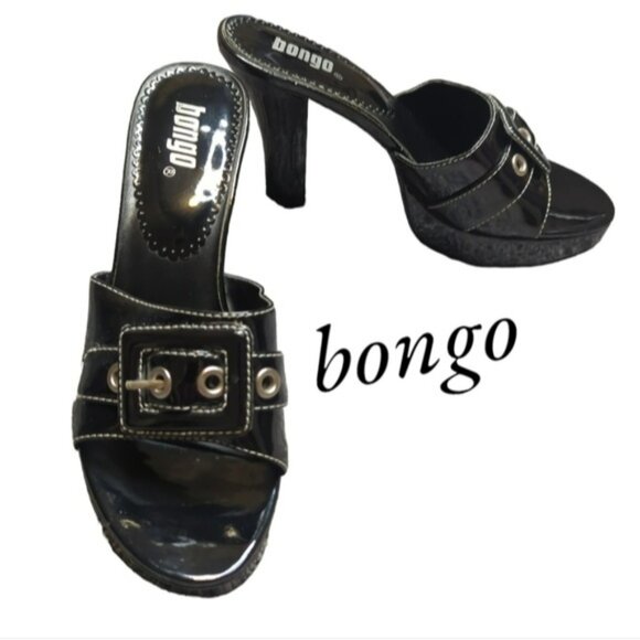 BONGO glossy black chunk 4" heel faux buckle top, size 8 sandals! - Picture 1 of 4